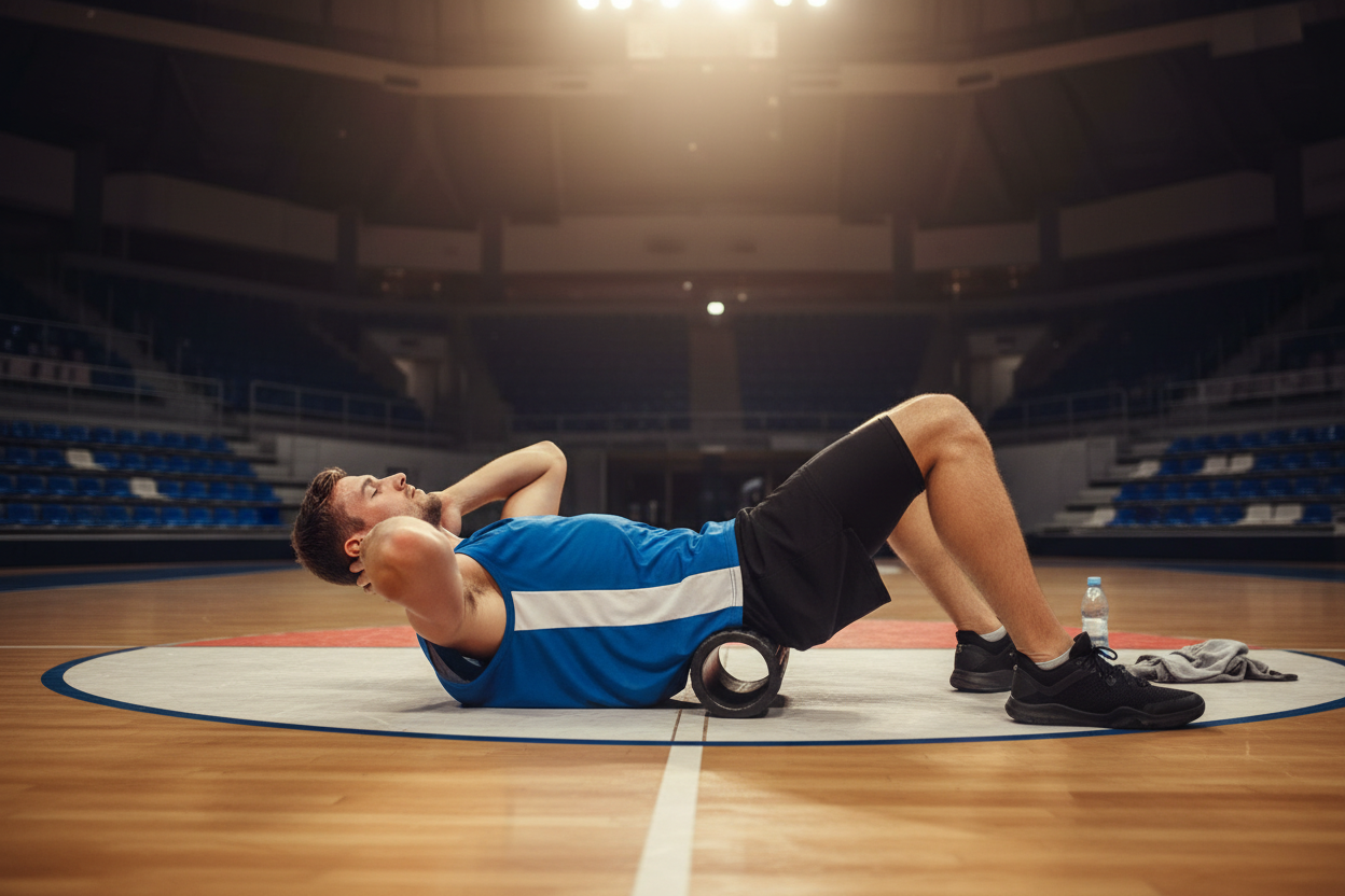 create an image of basketballer using a foam roller on the basketball court in a laying position facing with back