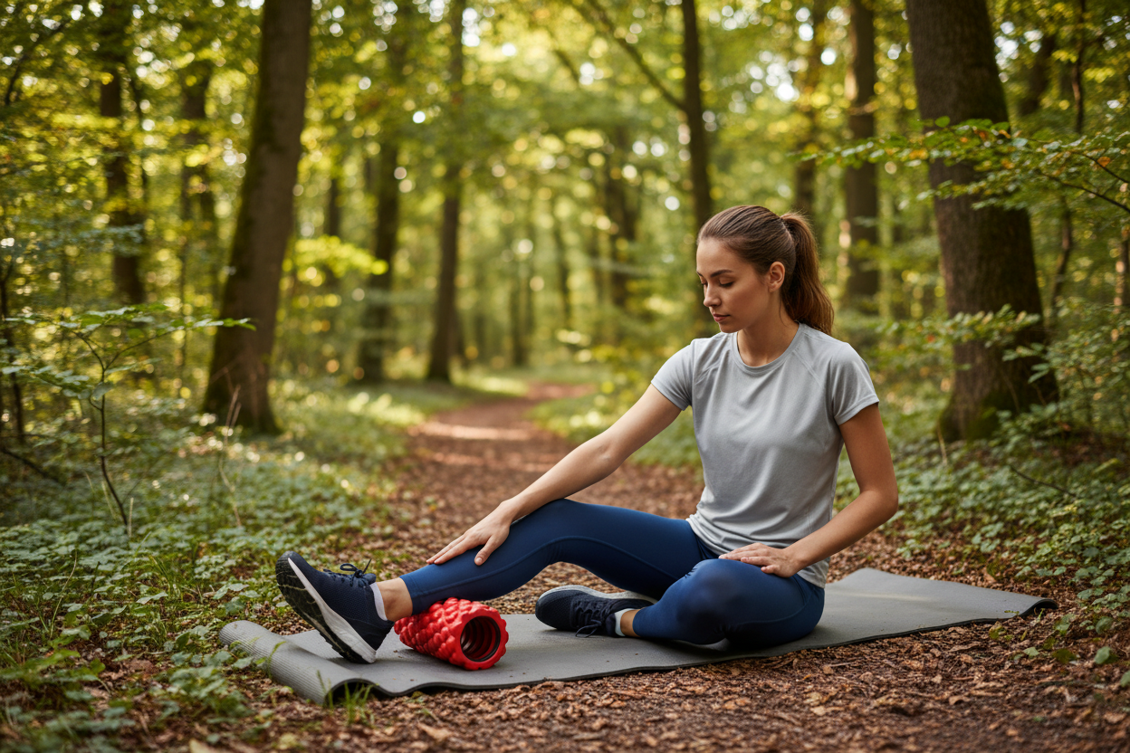 make an imagge od a runner using a foldable foam roller in the nature let it be a girl in a sitting position the colapsible foam roler should be red